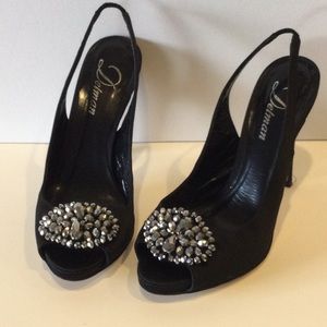 DELMAN BLACK SATIN JEWELED FRONT SIZE 36 MADE IN ITALY